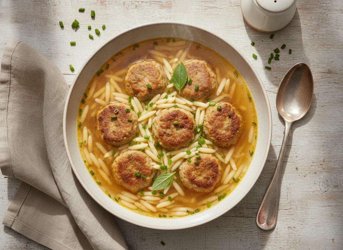 Liver Dumpling Soup with Orzo photo