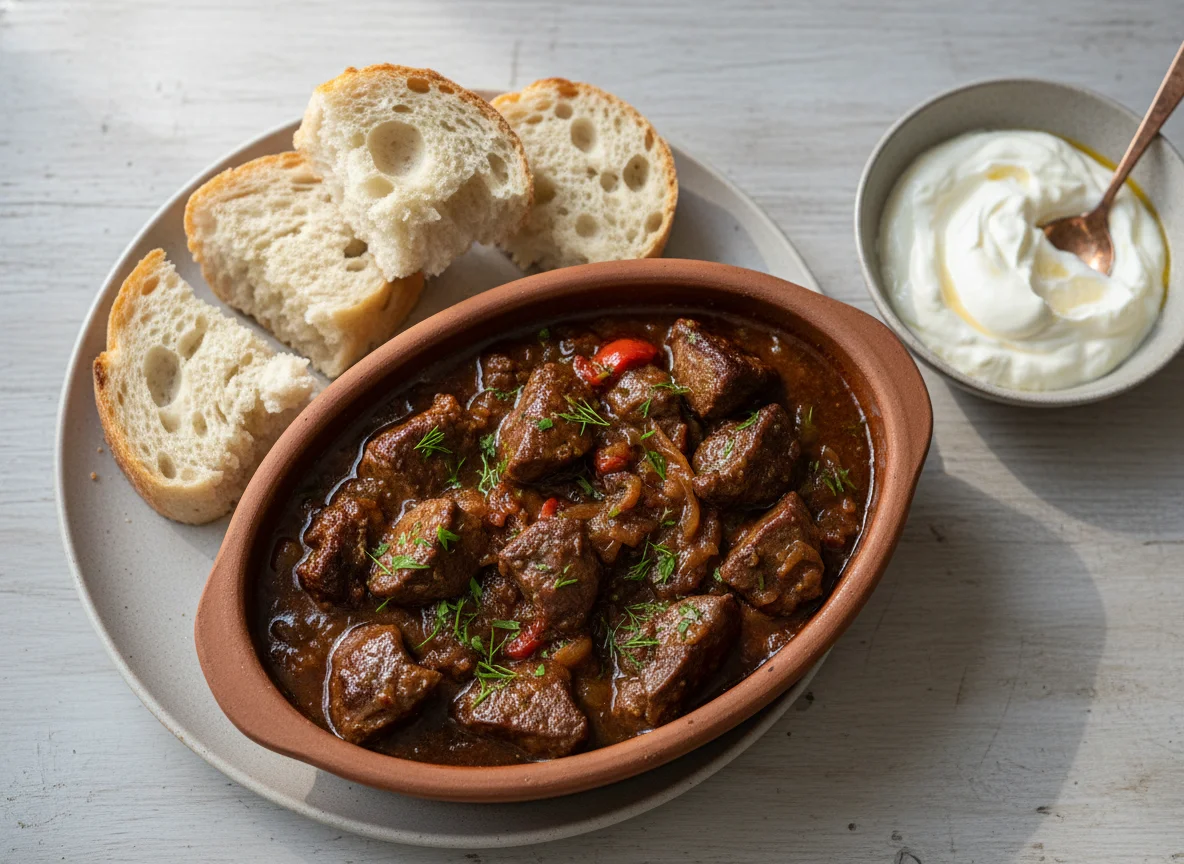 Liver stew with bread and yogurt photo