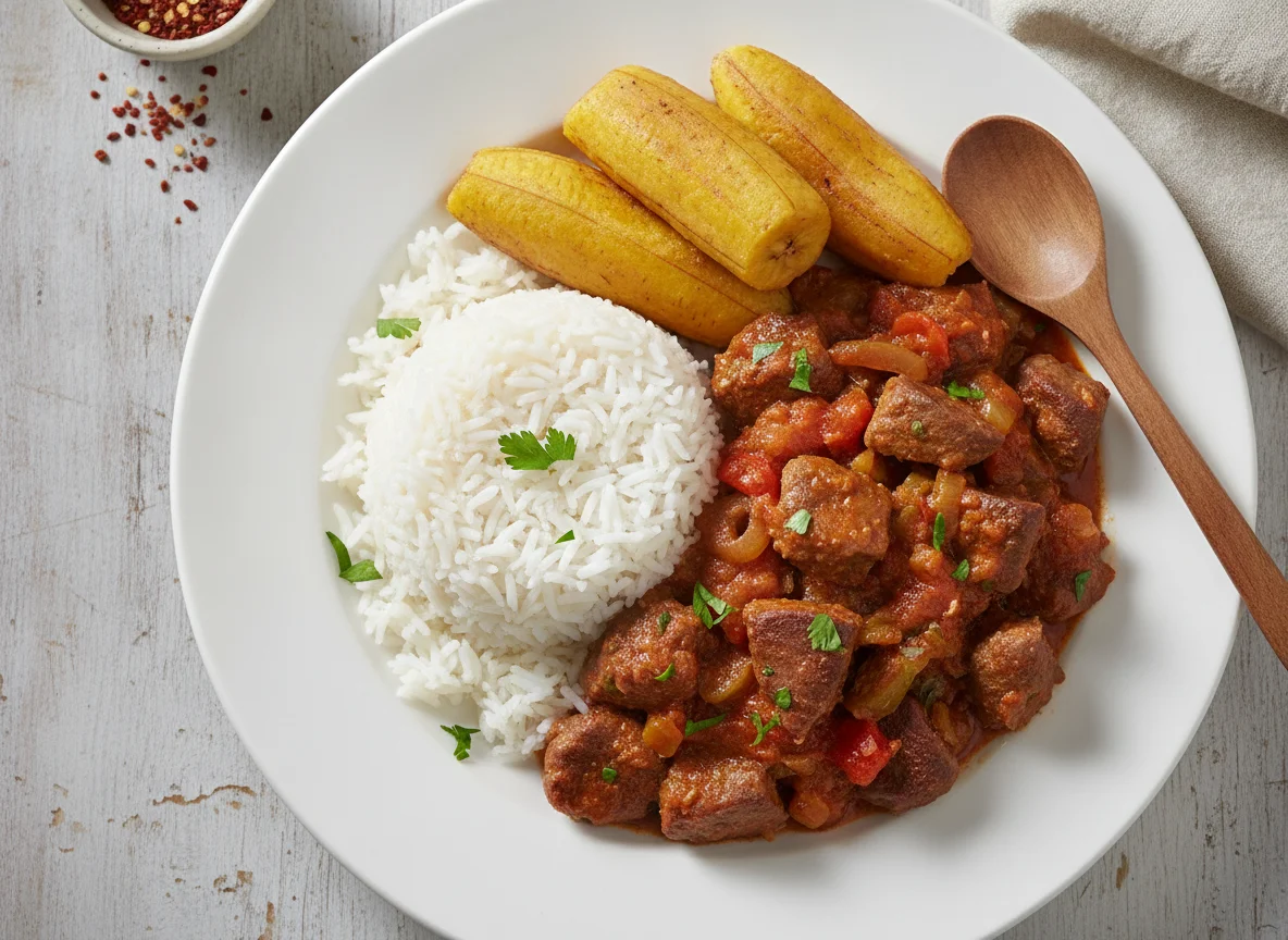 Liver stew with white rice and plantain photo