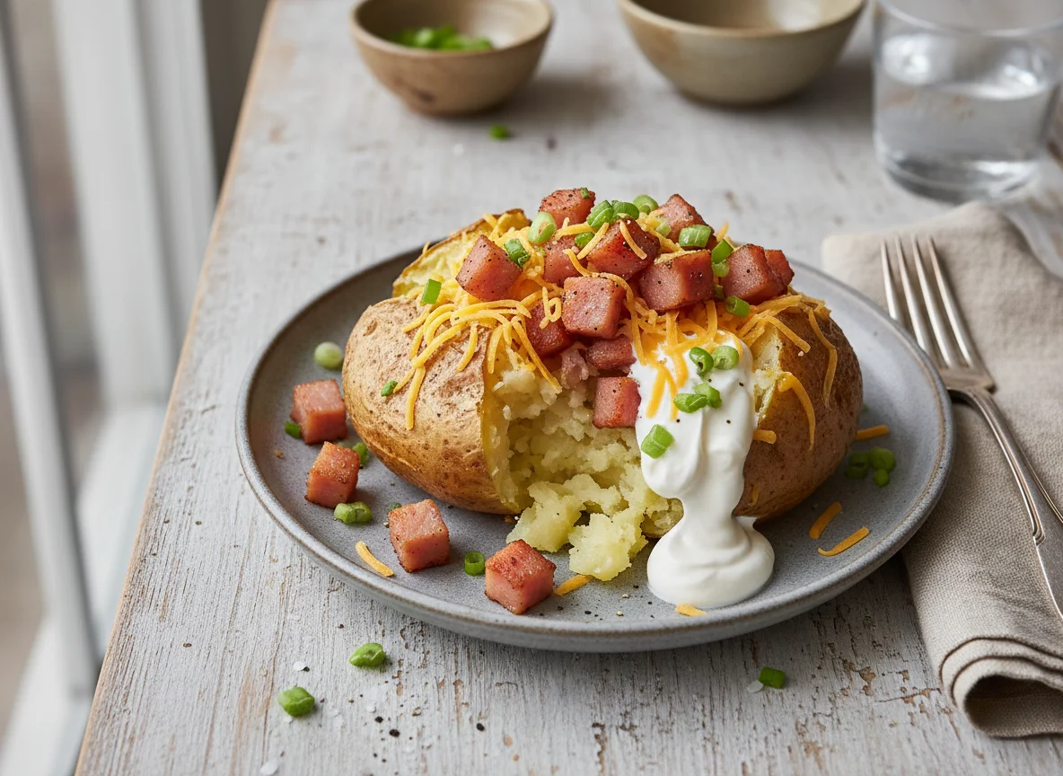 Loaded Baked Potato with Ham photo