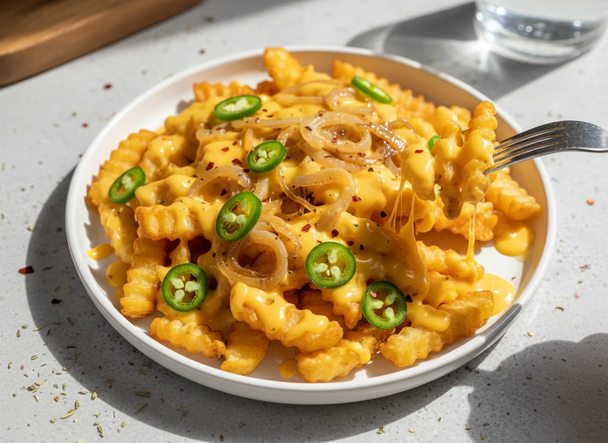 Loaded Cheese Fries with Caramelized Onions and Jalapenos photo