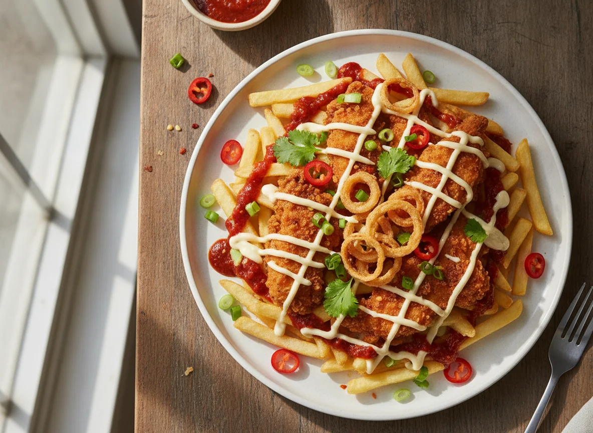 Loaded Fries with Fried Chicken and Spicy Sauce photo
