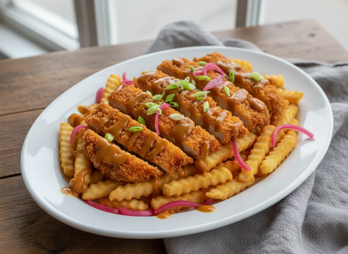 Loaded Fries with Katsu Chicken and Pickled Onions photo