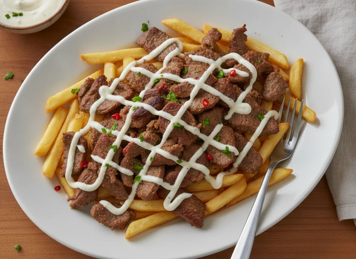 Loaded Fries with Meat and White Sauce photo