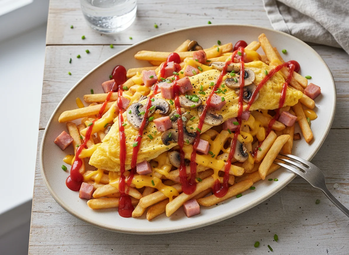 Loaded Fries with Omelette, Ham, Mushrooms and Ketchup photo