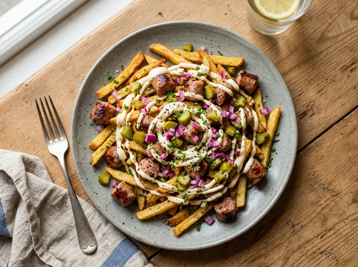 Loaded Fries with Sausage and Pickles photo