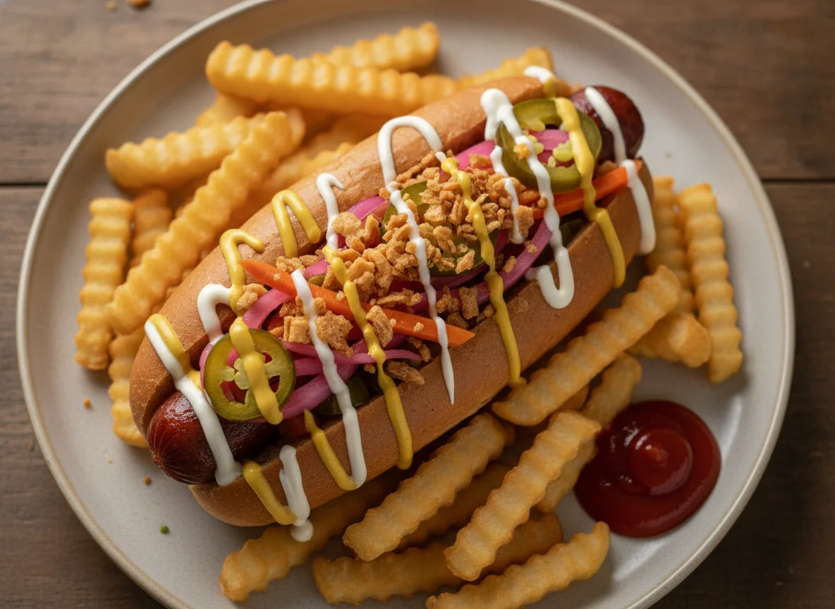 Loaded Hot Dog with Crinkle Cut Fries photo