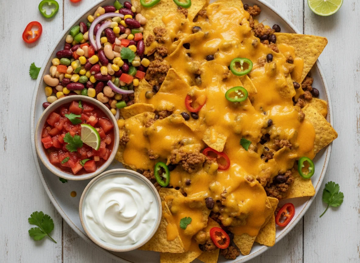 Loaded Nachos with Bean Salad, Salsa, and Sour Cream photo