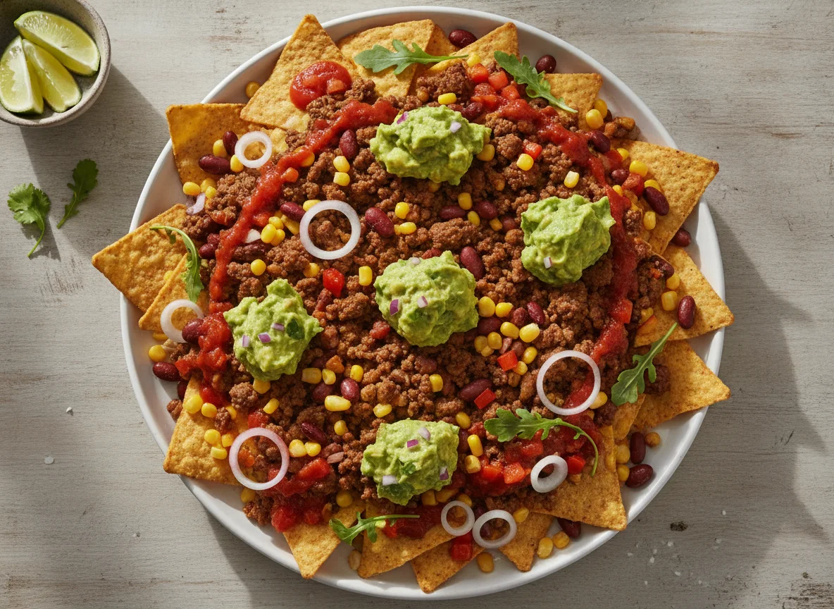Loaded Nachos with Ground Beef and Guacamole photo
