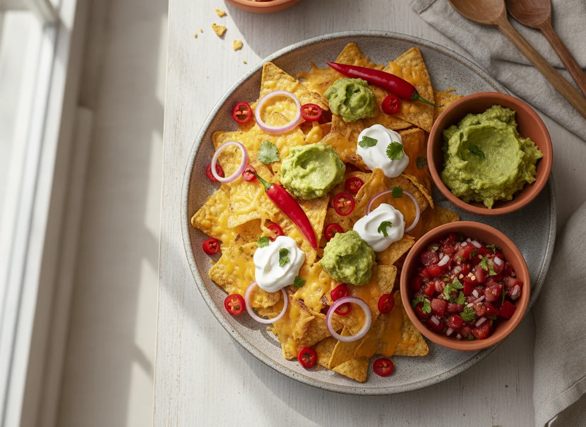 Loaded Nachos with Guacamole and Salsa photo
