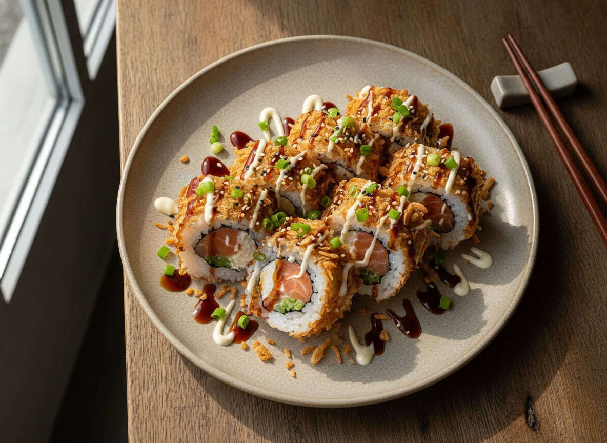 Loaded Sushi Roll with Crispy Onions and Teriyaki Sauce photo