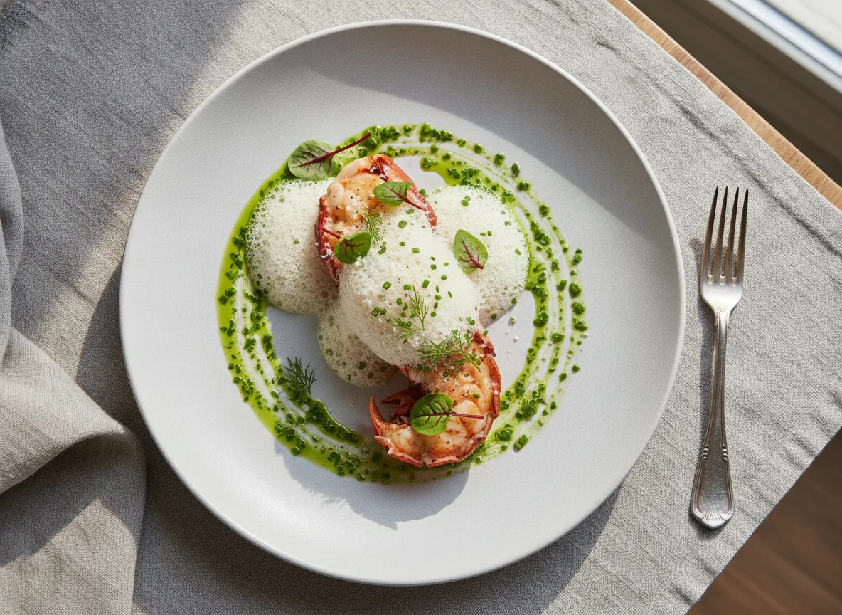 Lobster with Parmesan foam and herb oil photo