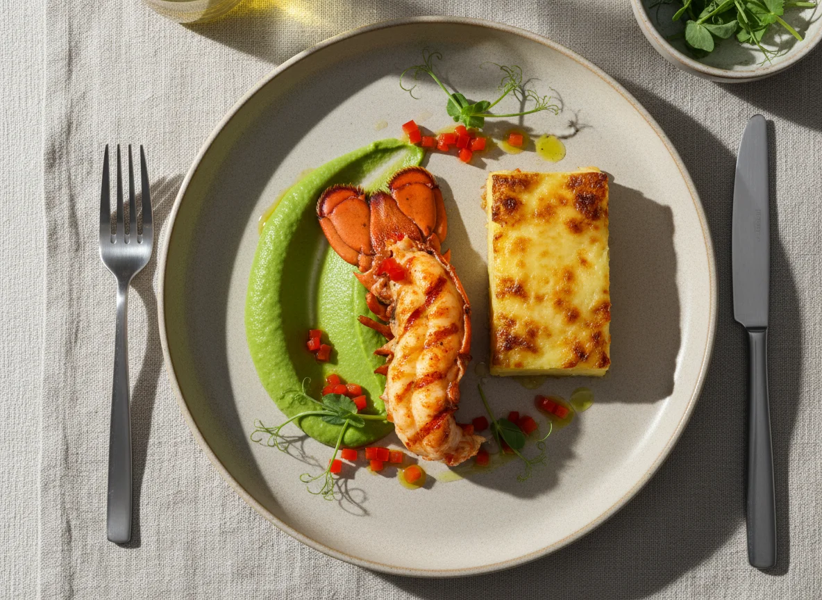 Lobster with Pea Puree and Potato Gratin photo