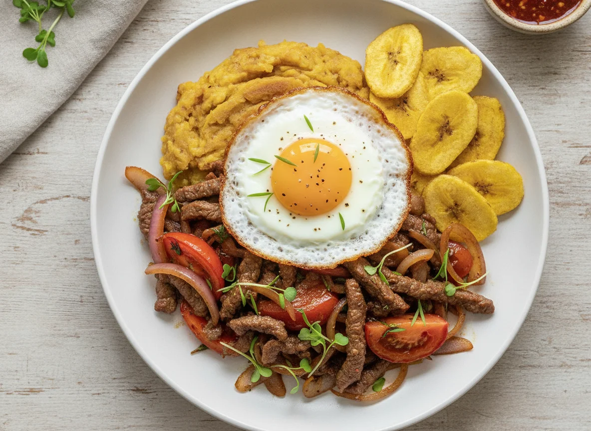 Lomo Saltado with Fried Egg and Plantain Chips photo
