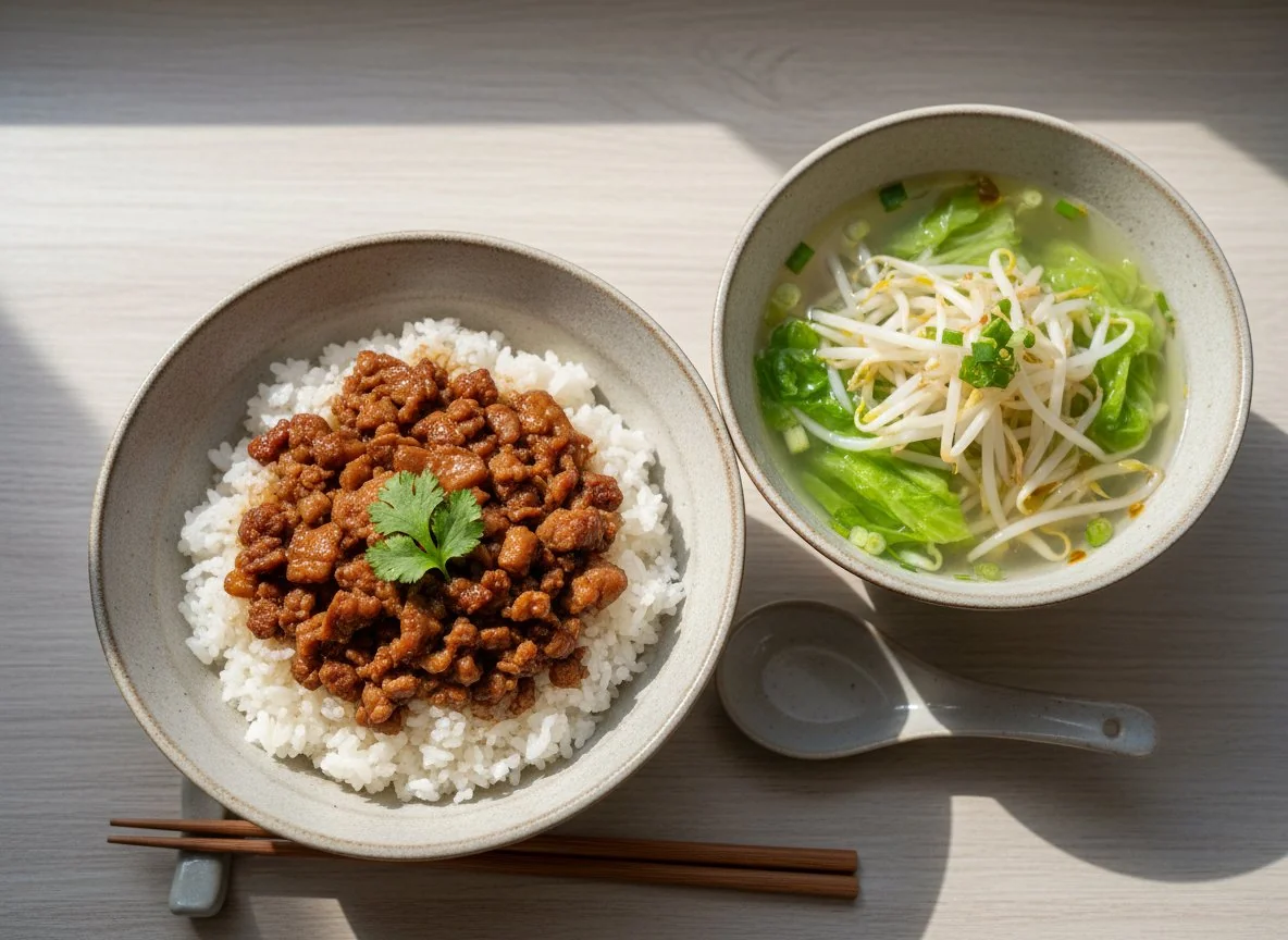 Lu Rou Fan with Cabbage and Bean Sprout Soup photo