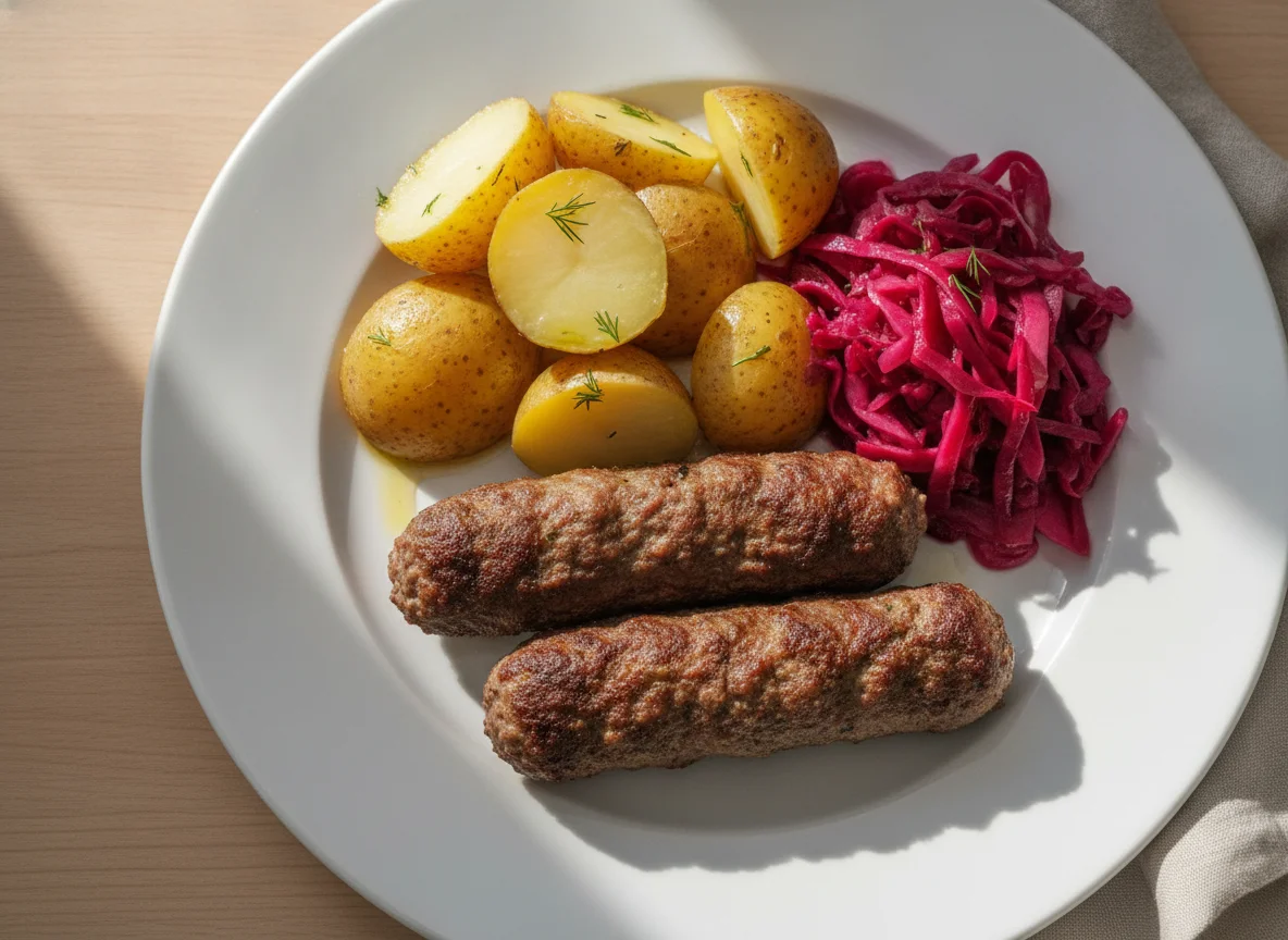Lula Kebab with Boiled Potatoes and Pickled Cabbage photo