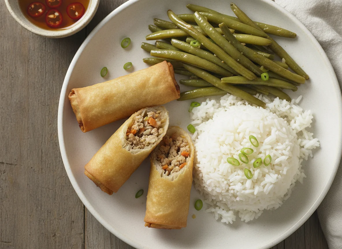Lumpia with Green Beans and Rice photo