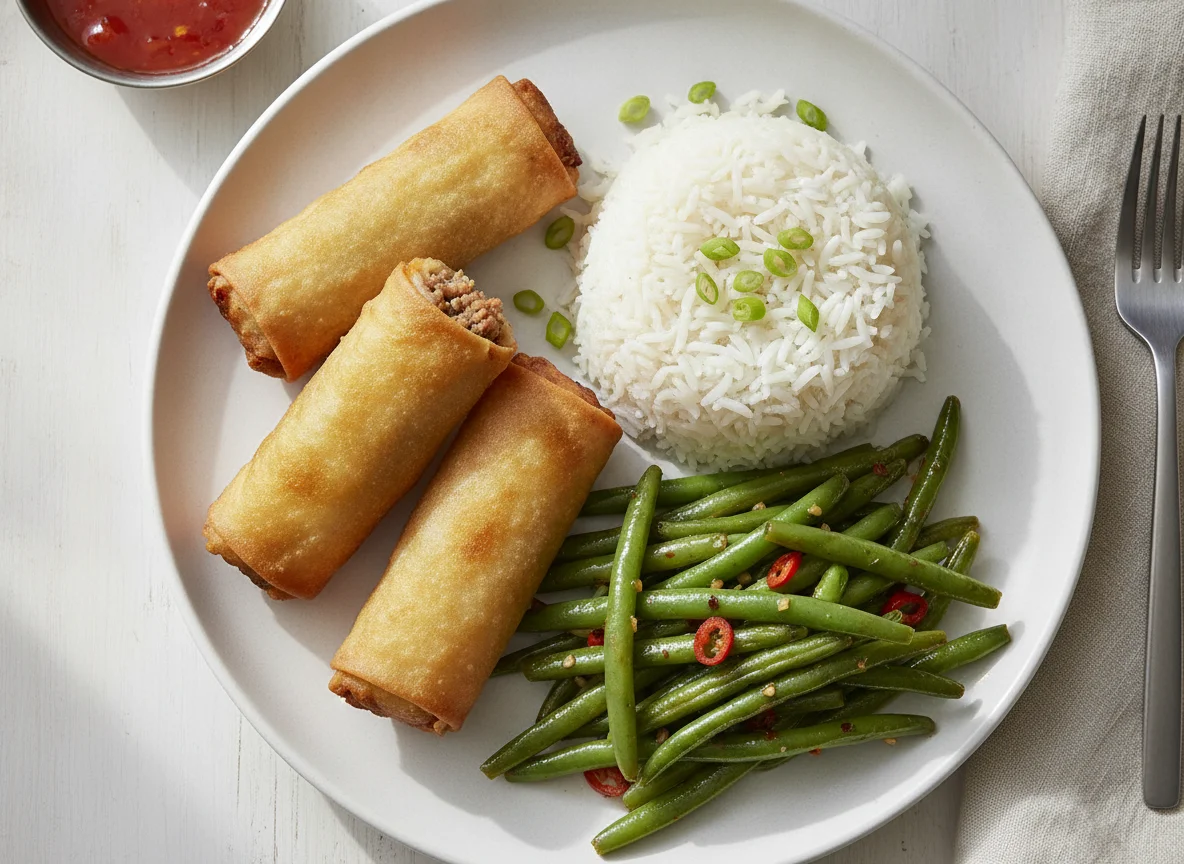 Lumpia with Rice and Green Beans photo