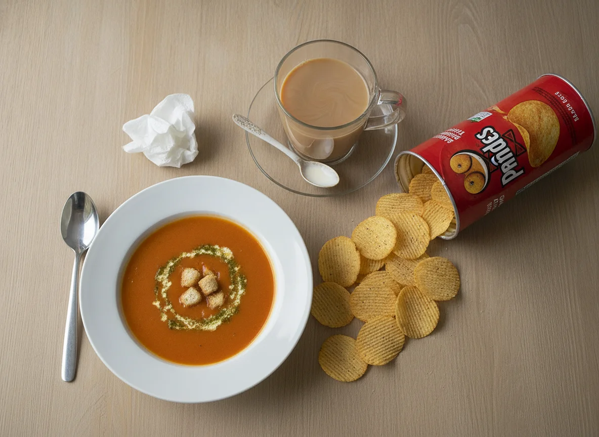 Lunch with Soup, Tea, and Pringles photo