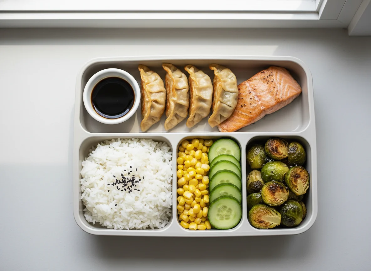 Lunchbox with Dumplings, Salmon, Rice, and Vegetables photo