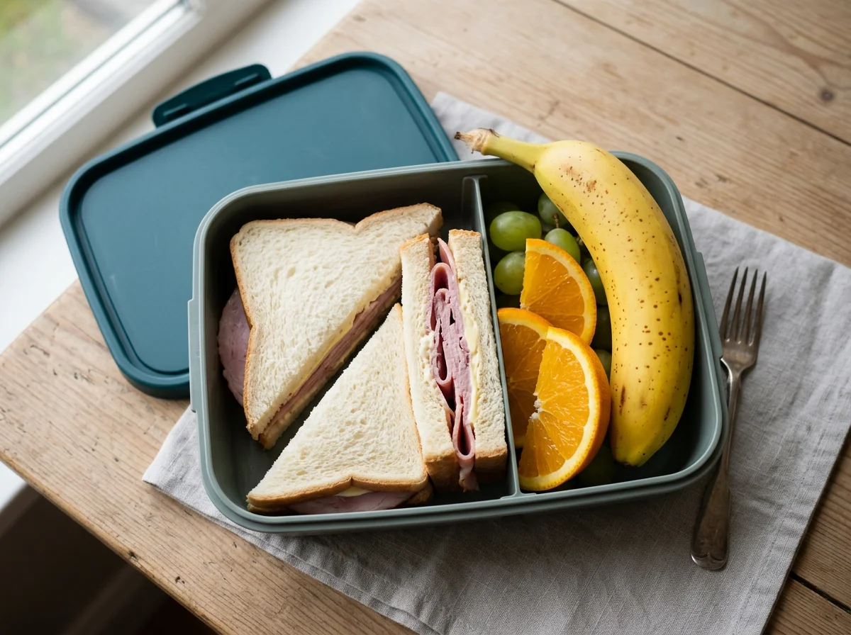 Lunchbox with Ham Sandwiches and Fruit photo