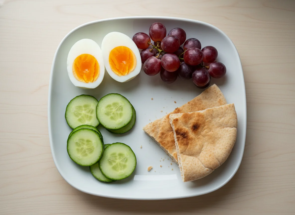 Lunchbox with hard-boiled egg, pita, cucumber, and grapes photo
