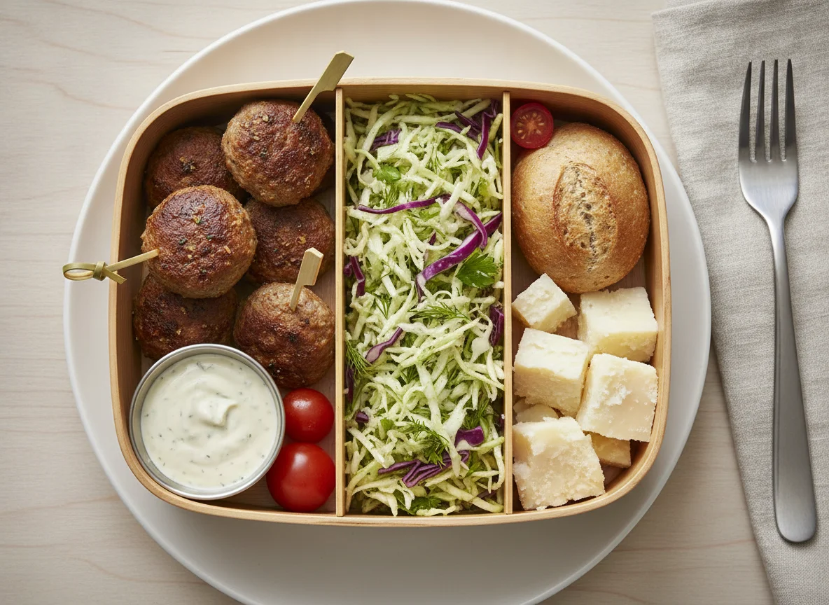 Lunchbox with Meatballs, Cabbage Salad, and Cheese photo