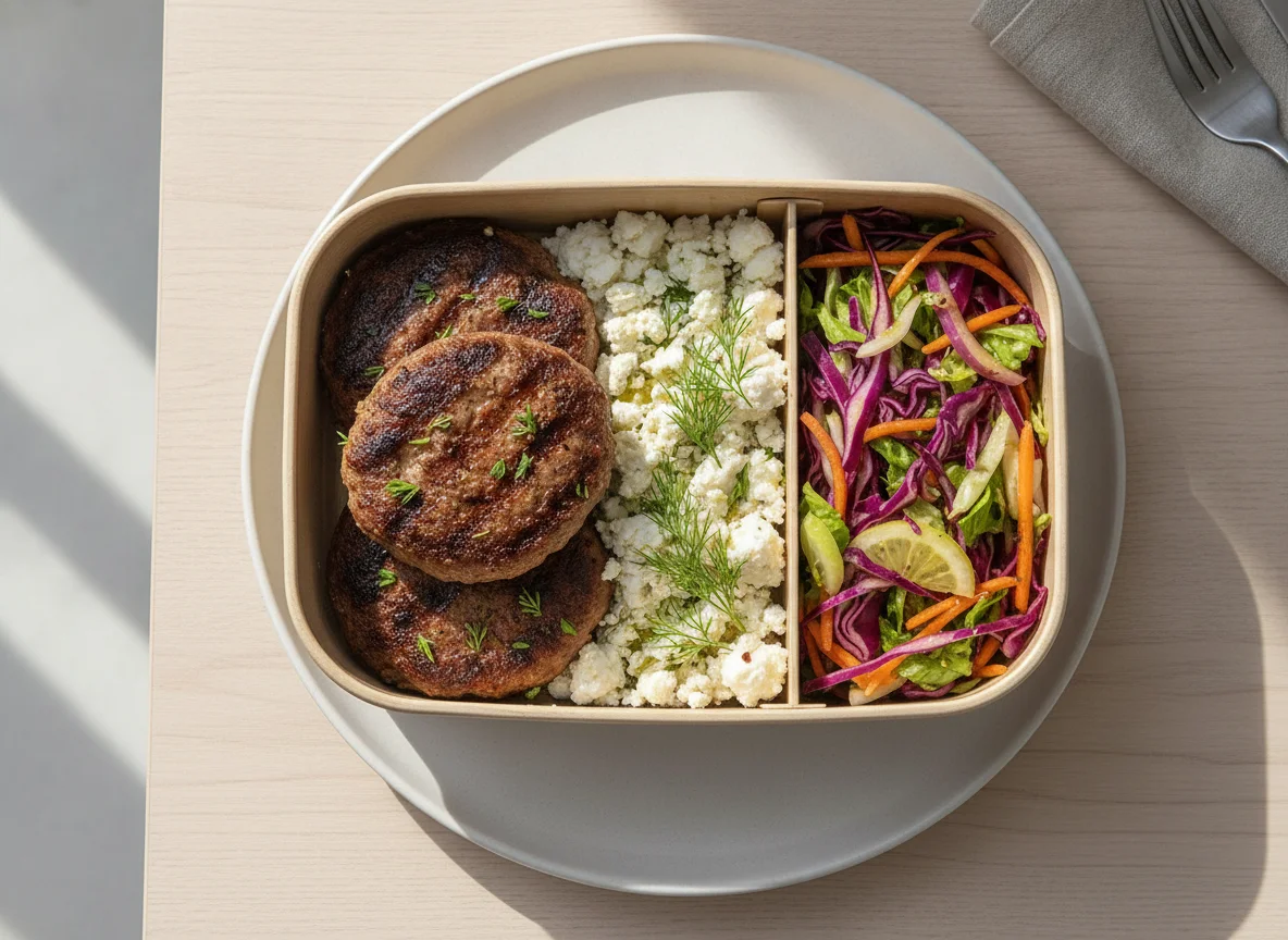 Lunchbox with patties, cheese, and cabbage salad photo