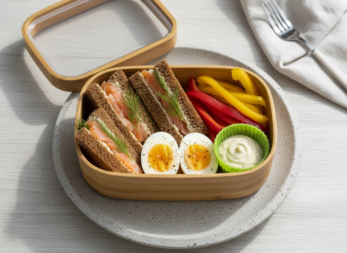 Lunchbox with salmon sandwiches, egg, and bell pepper photo