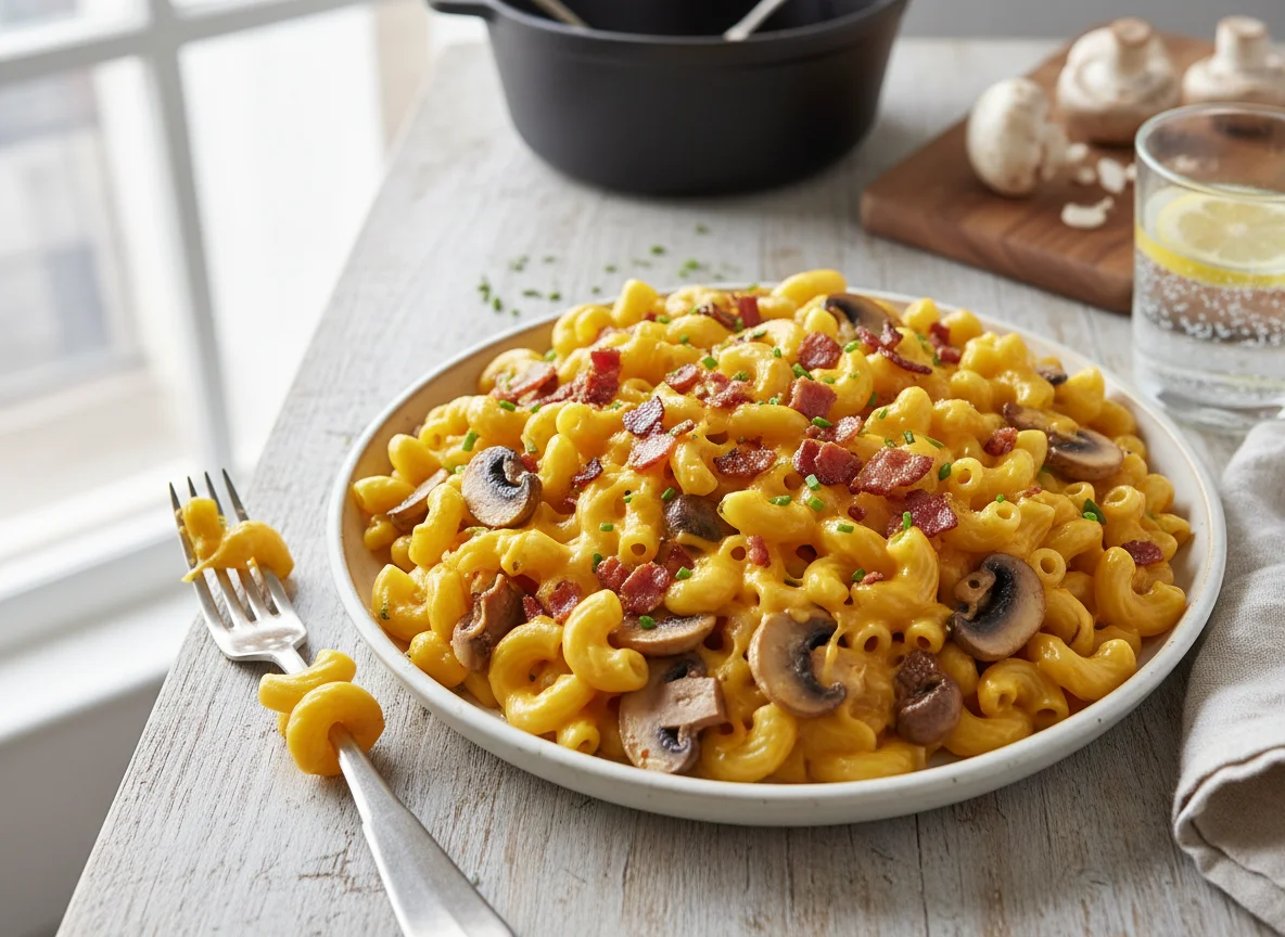 Macaroni and Cheese with Bacon and Mushrooms photo