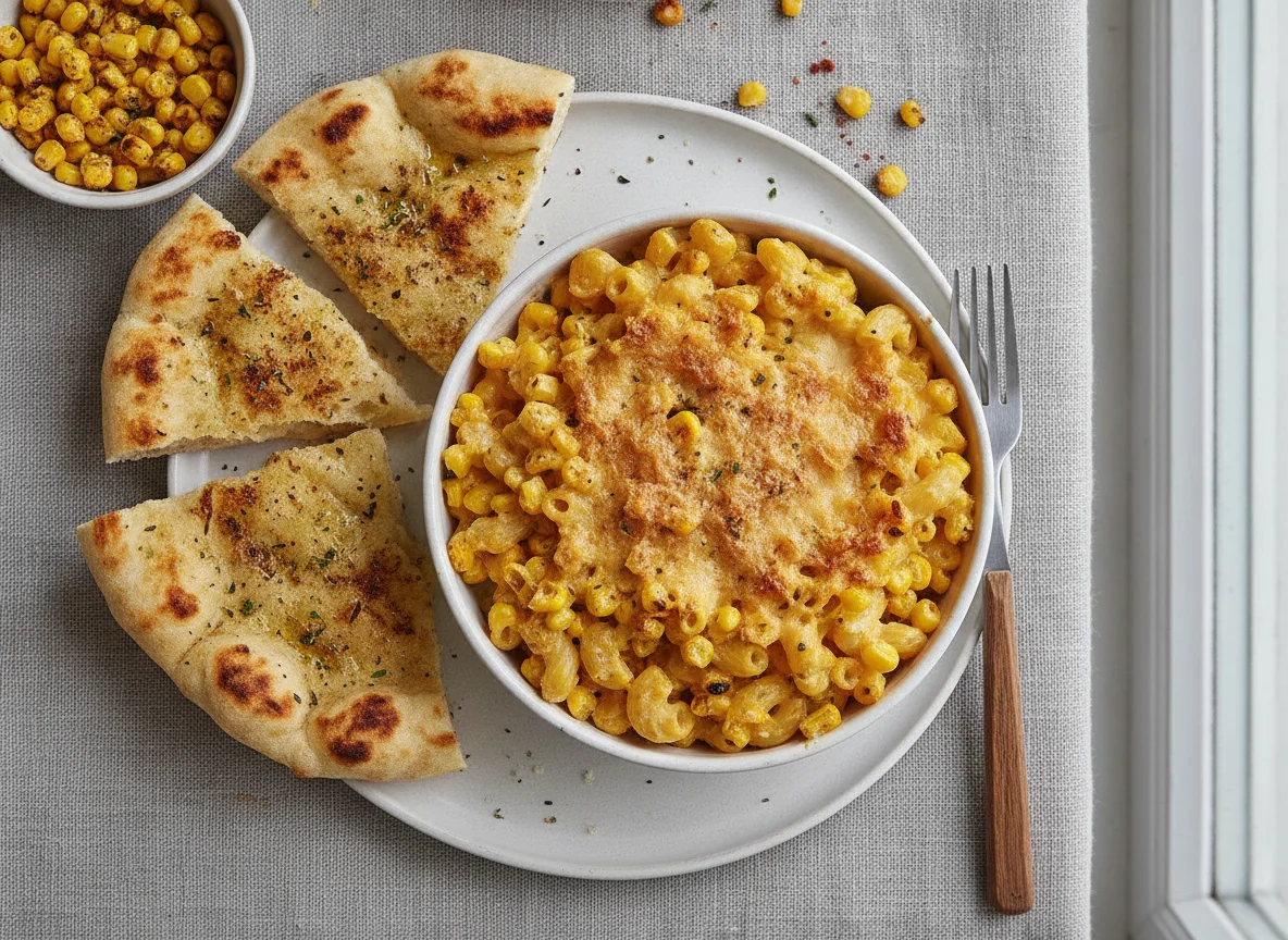 Macaroni and Cheese with Corn and Flatbread photo