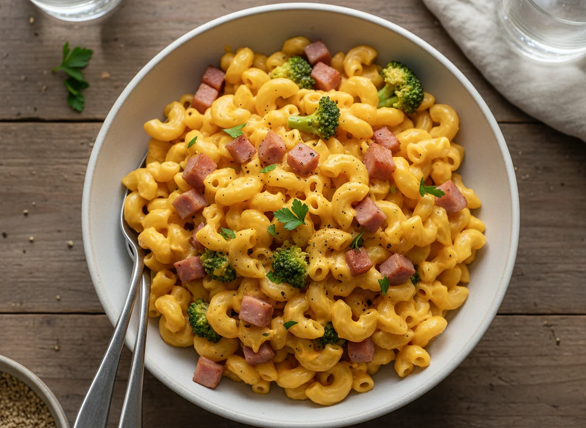 Macaroni and Cheese with Ham and Broccoli photo