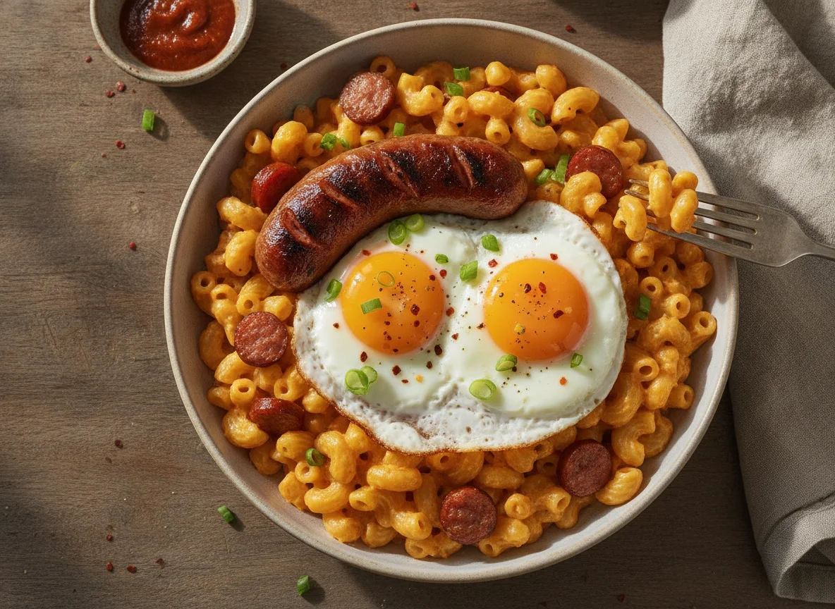Macaroni and Cheese with Sausage Patty and Fried Eggs photo