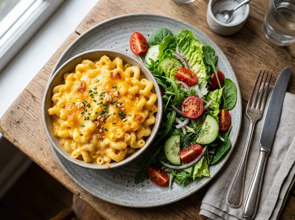 Macaroni and Cheese with Side Salad photo