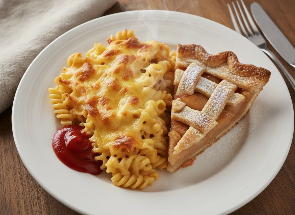 Macaroni casserole with apple pie photo