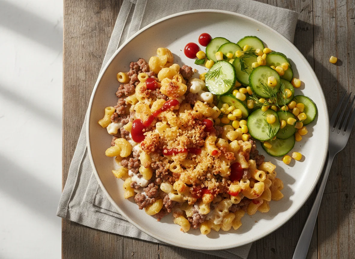 Macaroni casserole with cucumber and corn salad photo