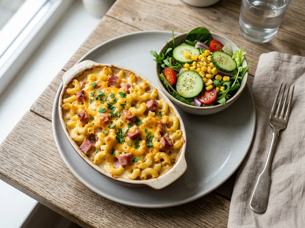 Macaroni casserole with ham and side salad photo