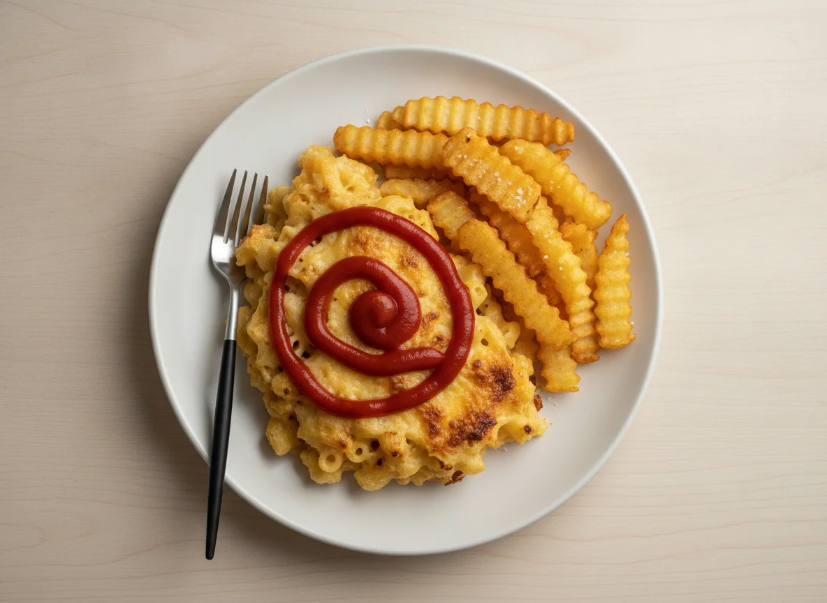 Macaroni casserole with ketchup and fried potatoes photo