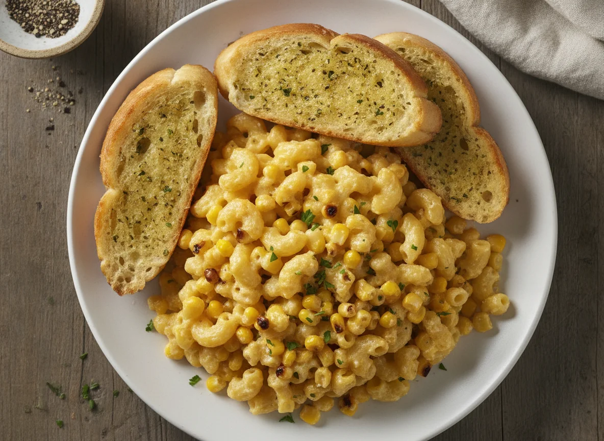 Macaroni Cheese with Sweetcorn and Garlic Bread photo