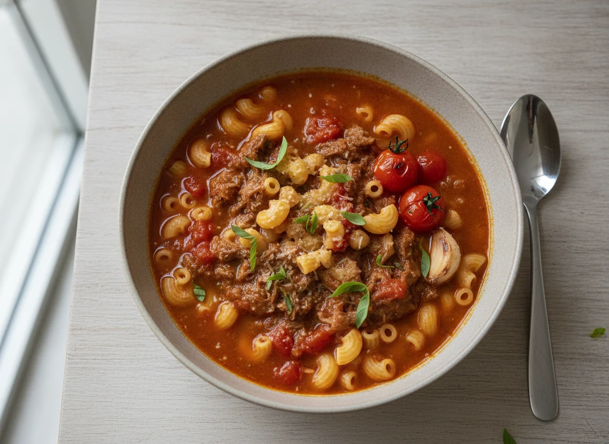 Macaroni in Tomato Beef Sauce Soup photo