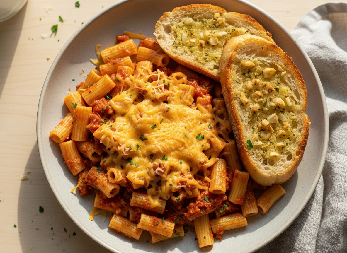 Macaroni pasta with tomato sauce and garlic bread photo