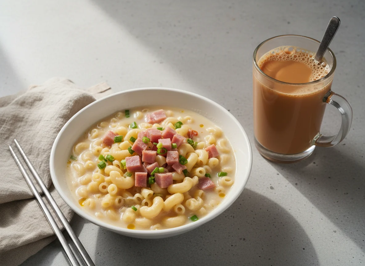 Macaroni Soup with Ham and Milk Tea photo