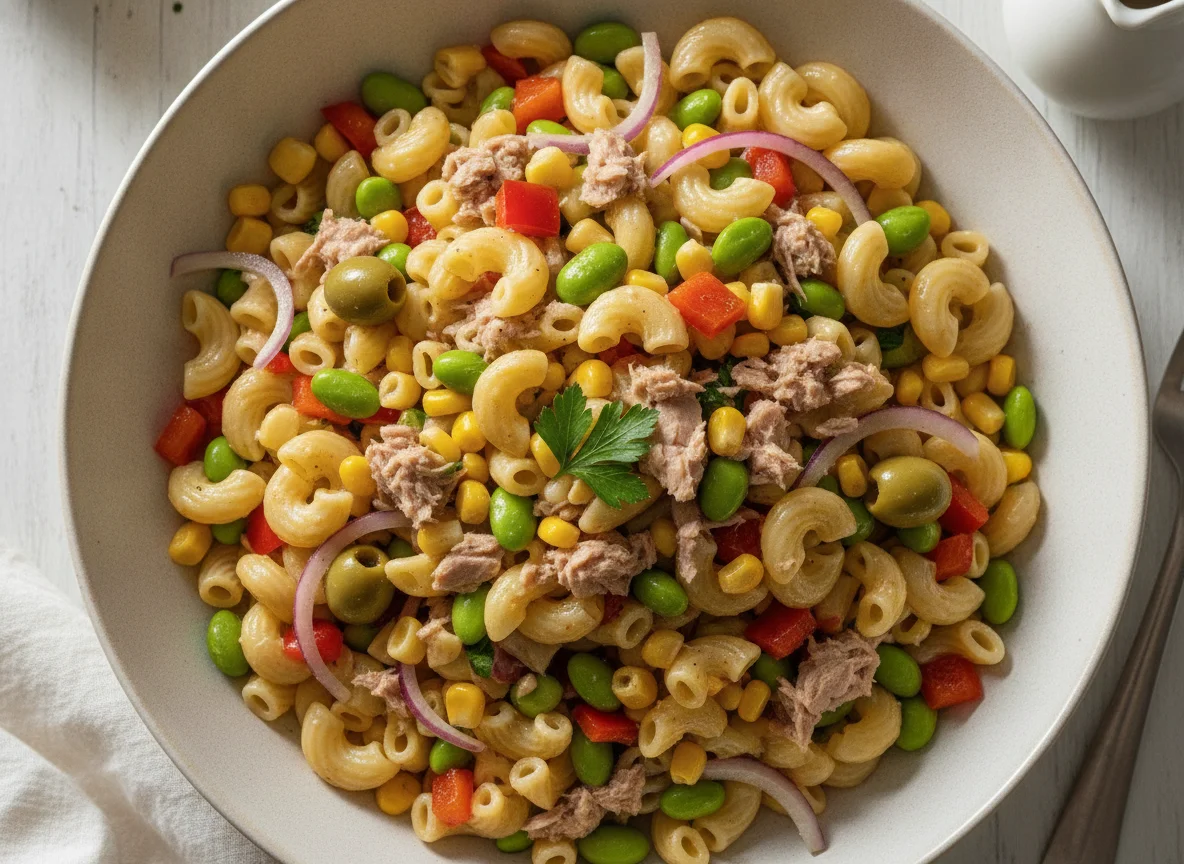 Macaroni Tuna Salad with Edamame and Olives photo