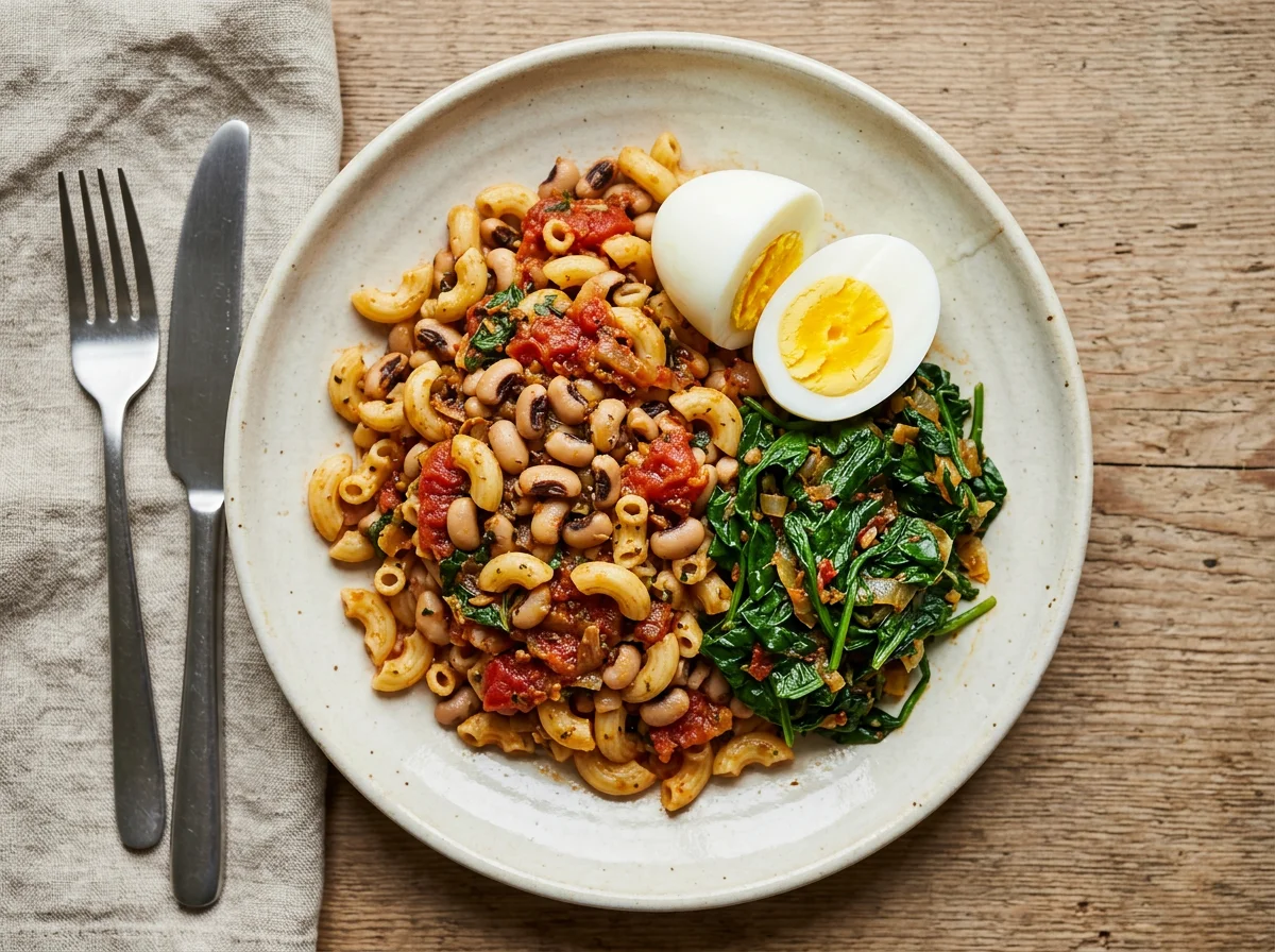 Macaroni with Beans, Stew, Spinach and Boiled Eggs photo
