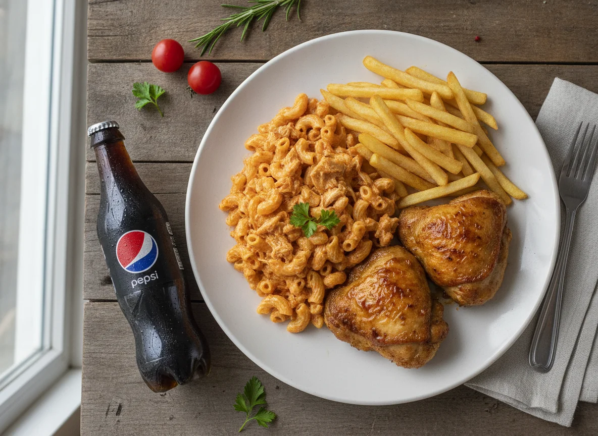 Macaroni with Chicken and French Fries photo