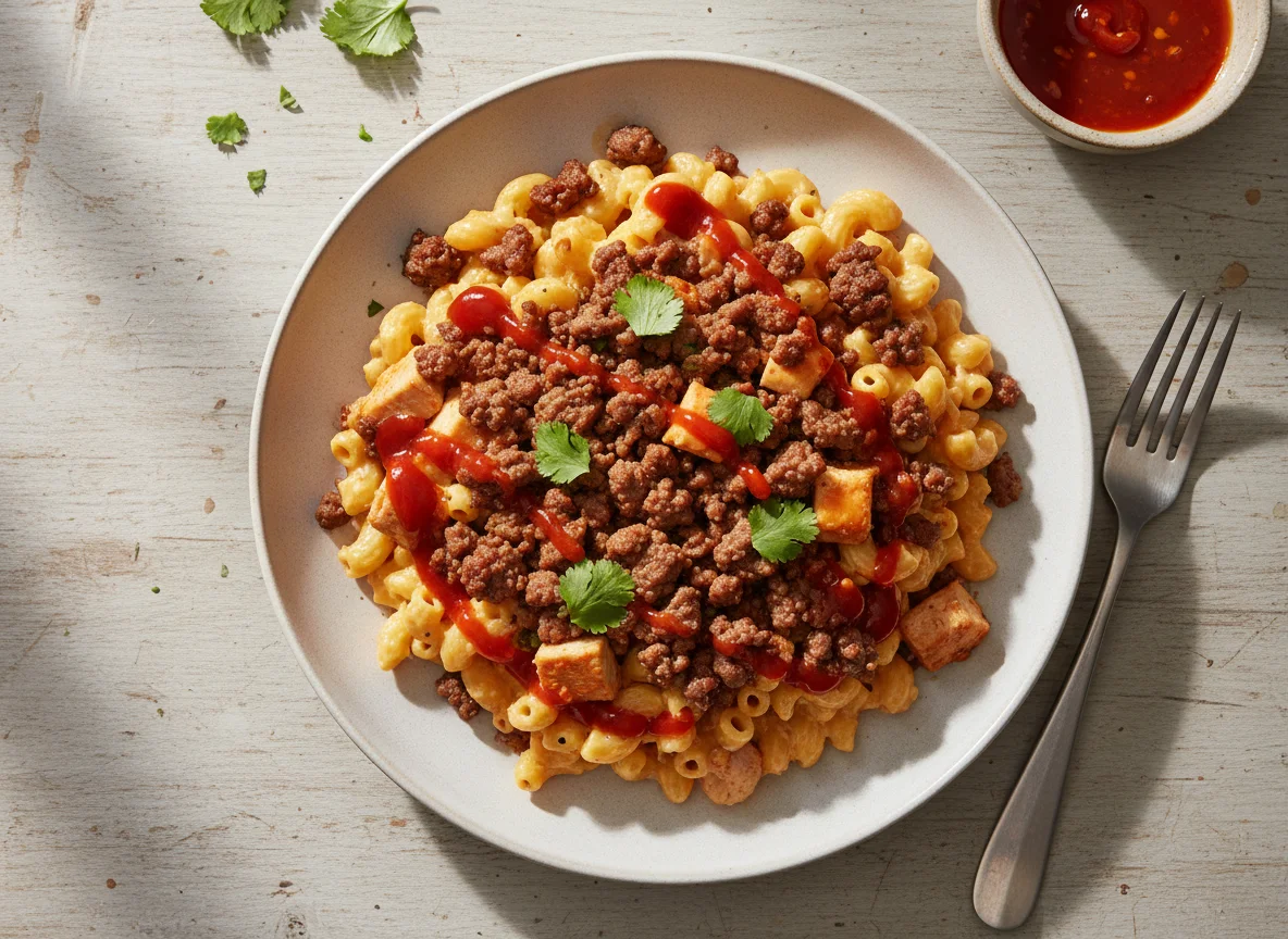 Macaroni with Chicken and Ground Meat Topping photo