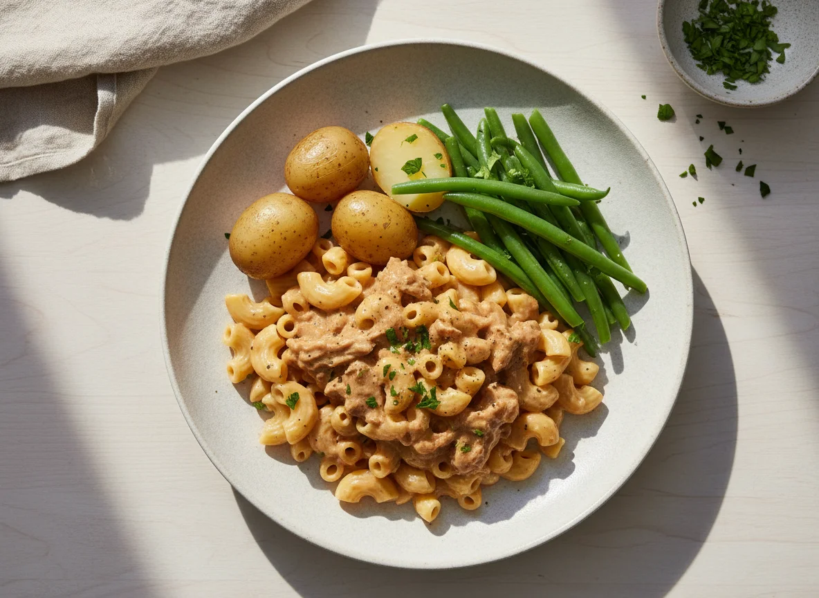 Macaroni with Creamy Meat/Seitan, Potatoes, and Green Beans photo
