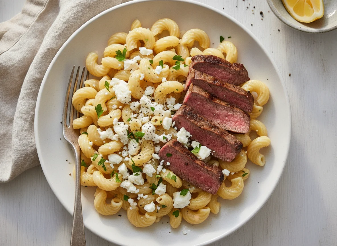 Macaroni with Feta and Beef Steak photo