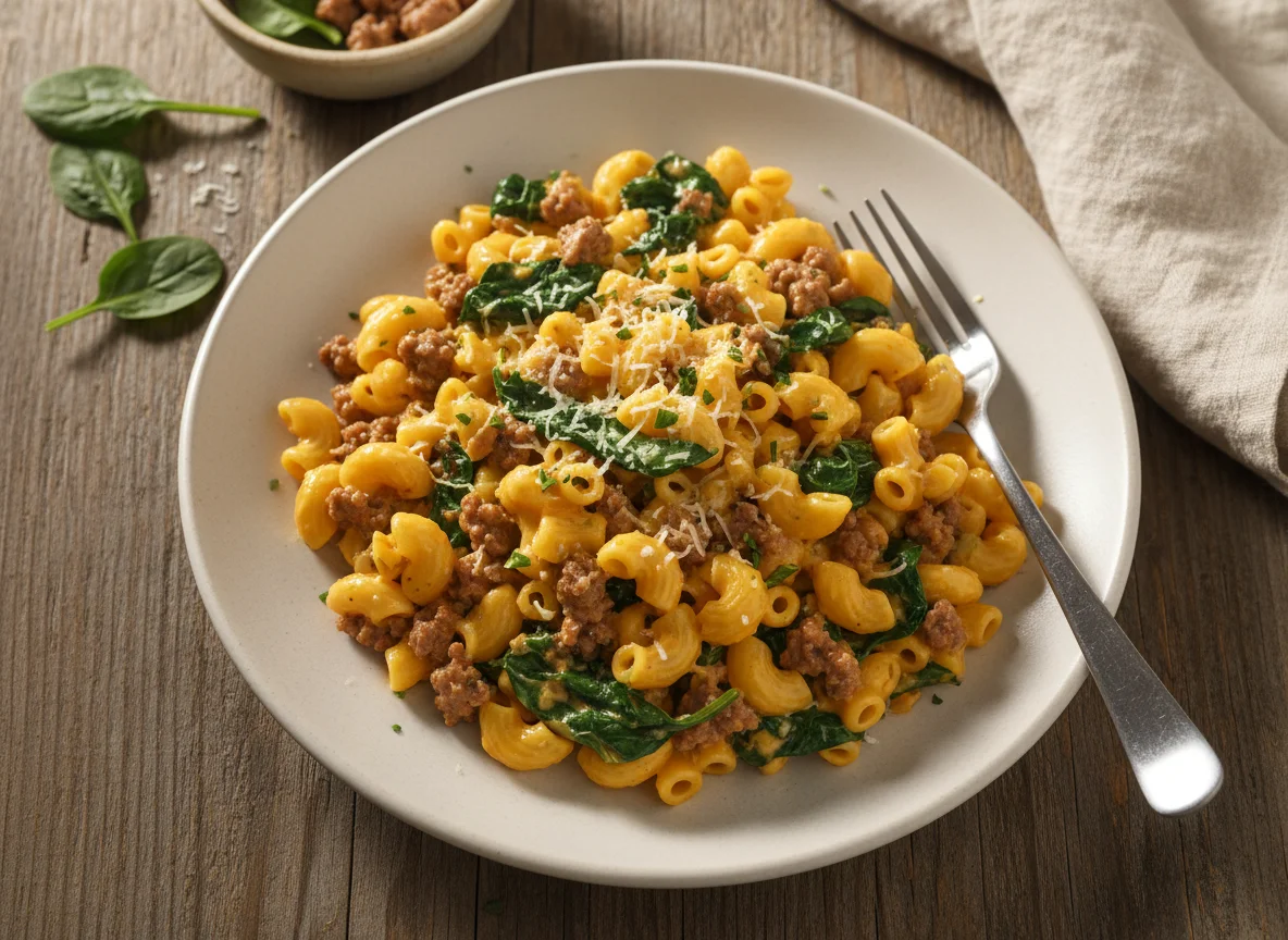 Macaroni with Ground Meat and Spinach photo