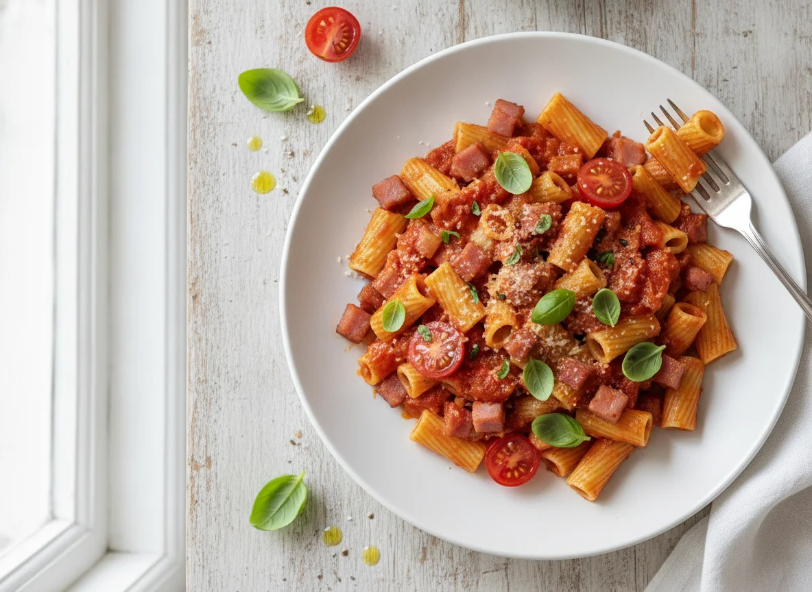 Macaroni with Ham and Tomato Sauce photo